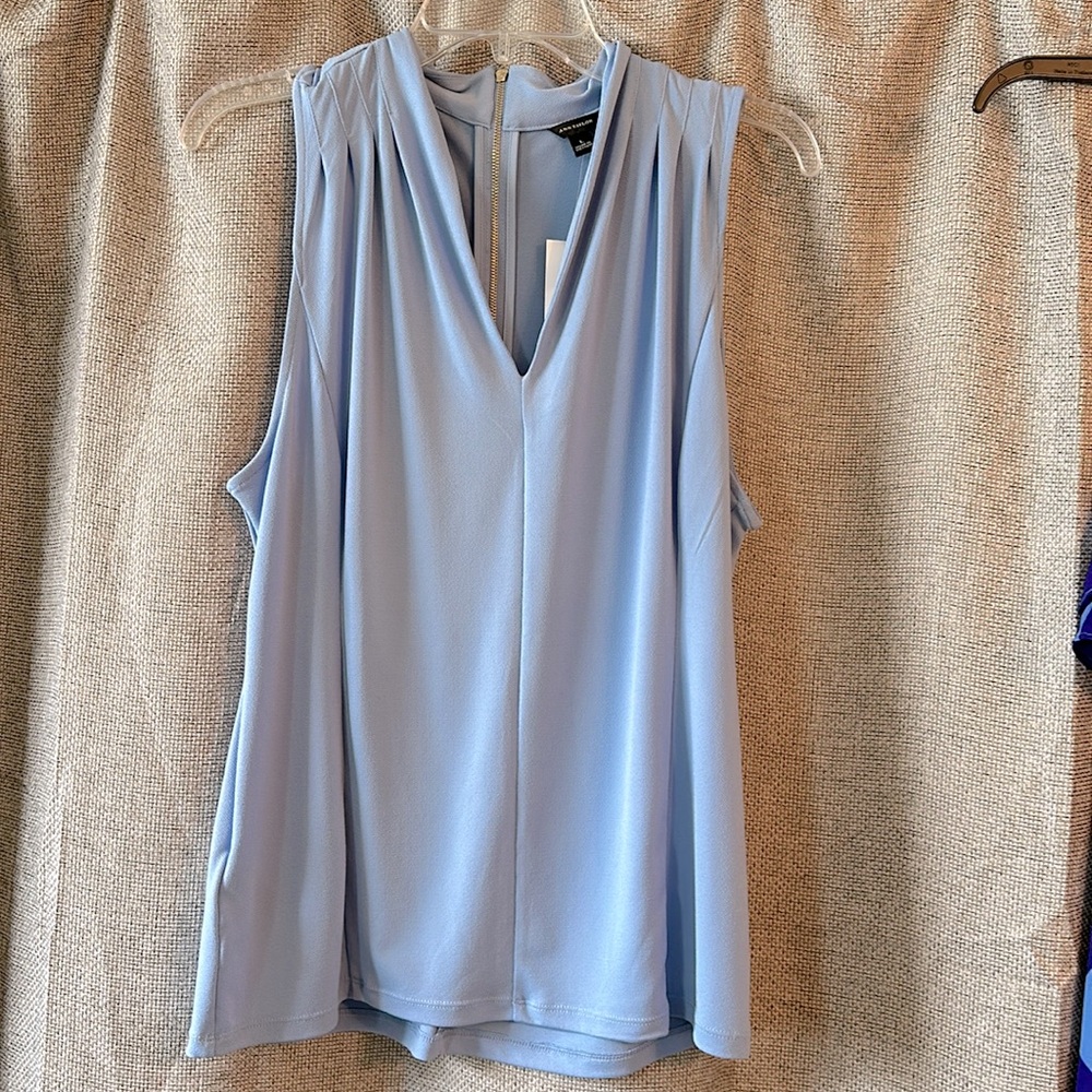 NWT Ann Taylor Blue Sleeveless Blouse with pleats and zipper
